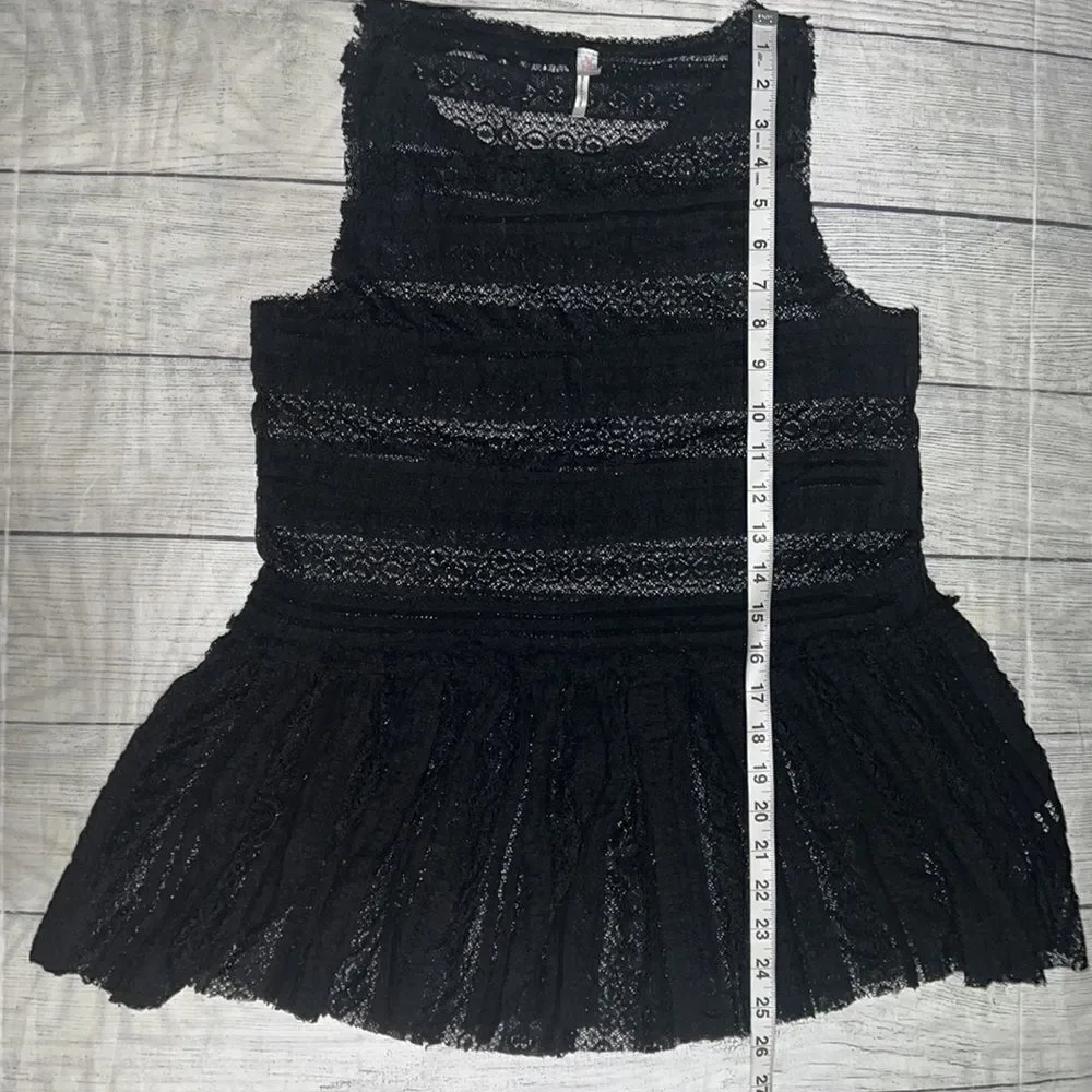 Free People Textured Pucker Up Lace Peplum Sleeveless Top Sheer Black sz s